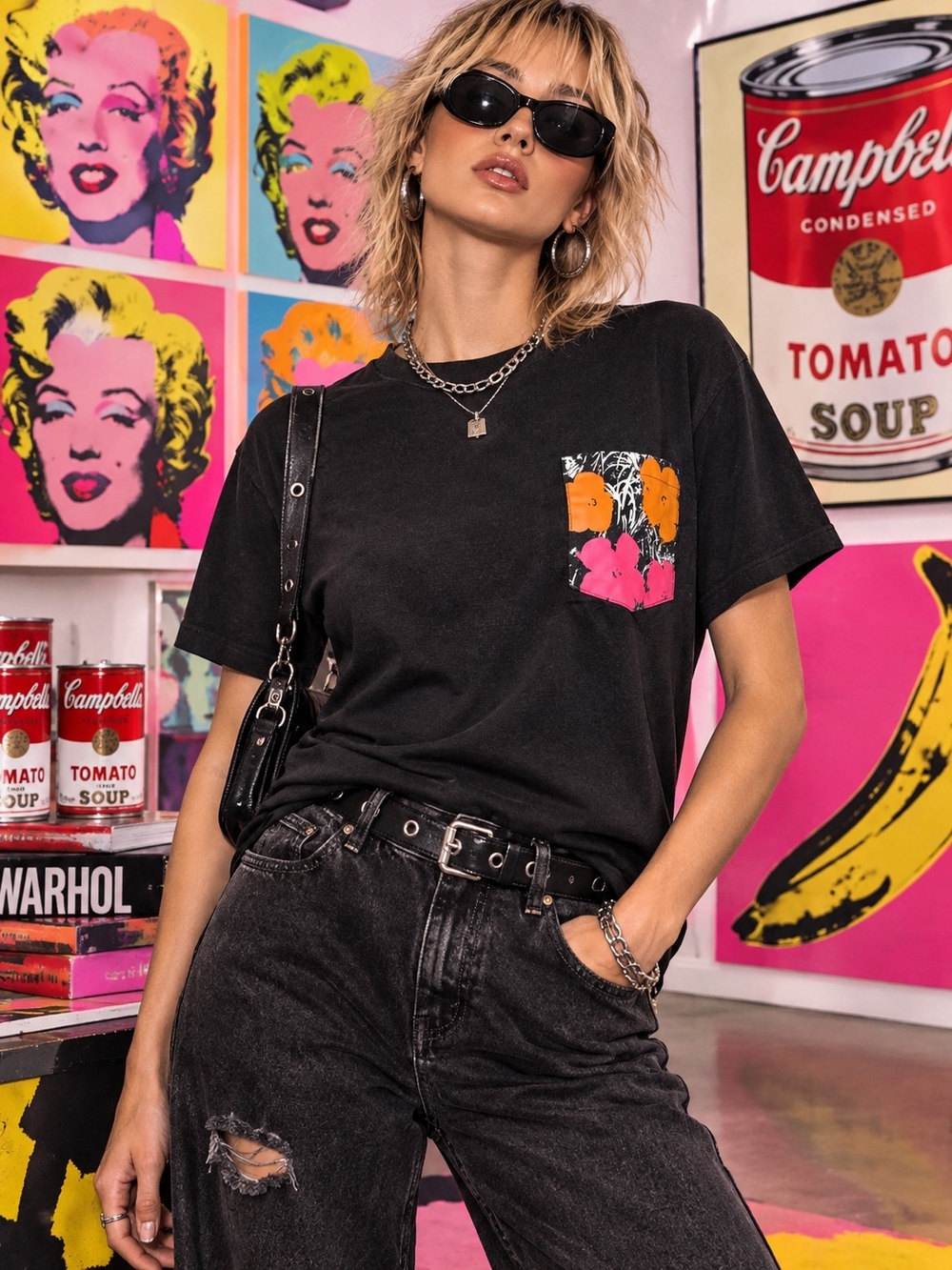 Uniqlo Andy Warhol Black Short-Sleeve Tee with Pink & Orange Floral Pocket